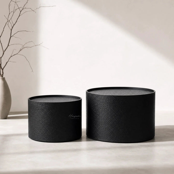 Daven Coffee Table Set/2: two textured black iron nesting coffee tables with a vase and bare branches.