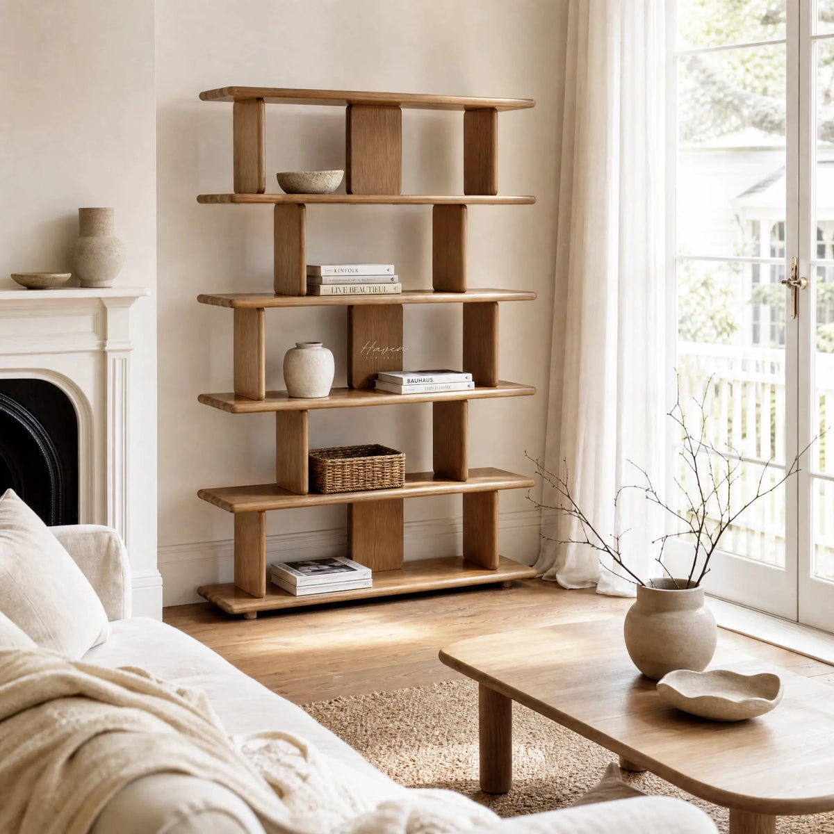 Jansen Shelving Unit in Natural timber with open shelves, calm Nordic living room display of books and ceramics.