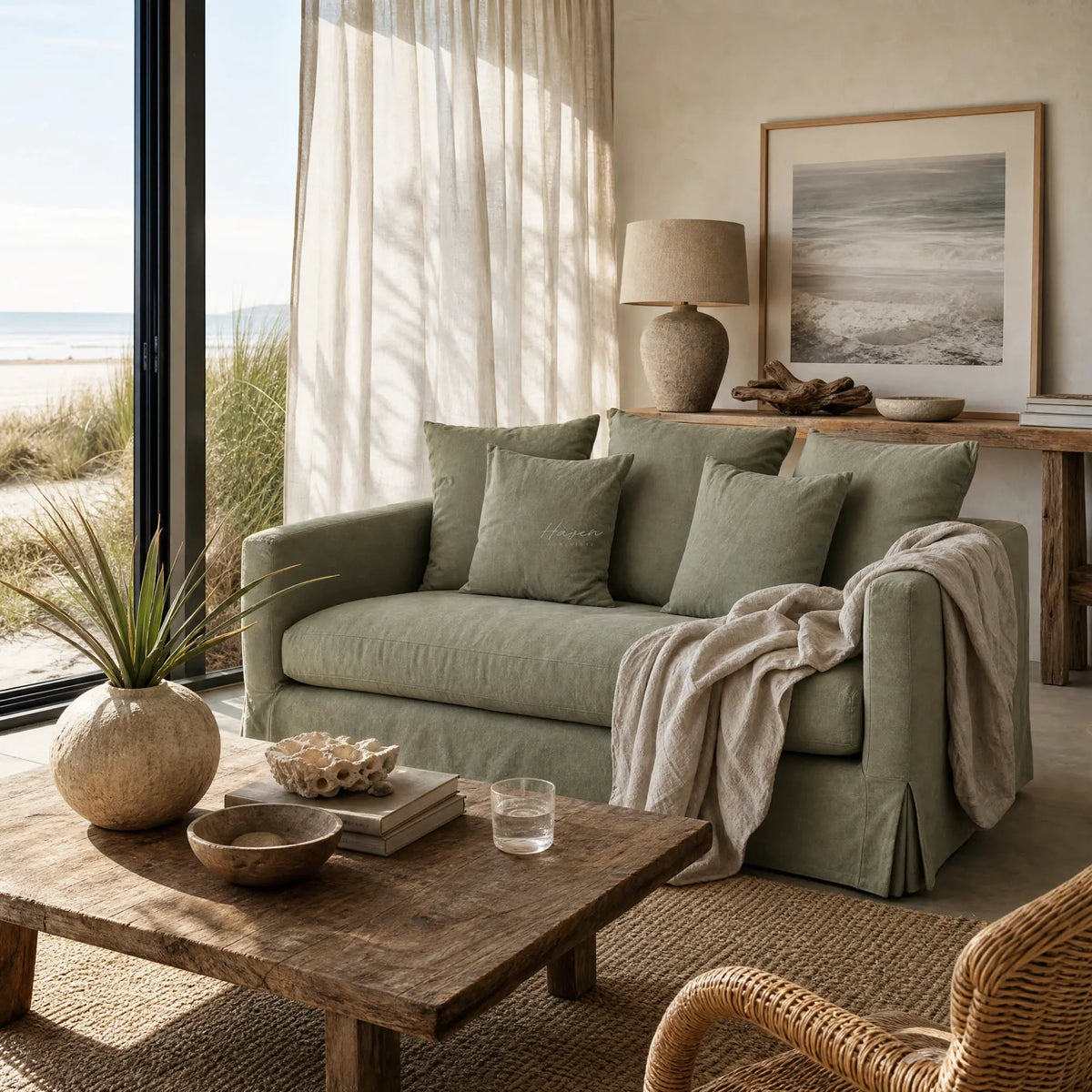 Coast 2 Seat Sofa in sage cotton-blend slipcover in a sunlit coastal living room with soft cushions.