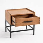Atlas Bedside Table with solid oak top and powder-coated metal frame, featuring a generous drawer.