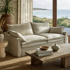 Sorrento 3-seat linen sofa with feather-filled cushions in a sunlit coastal living room.