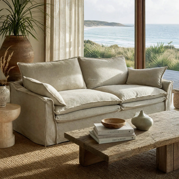 Sorrento 3-seat linen sofa with feather-filled cushions in a sunlit coastal living room.