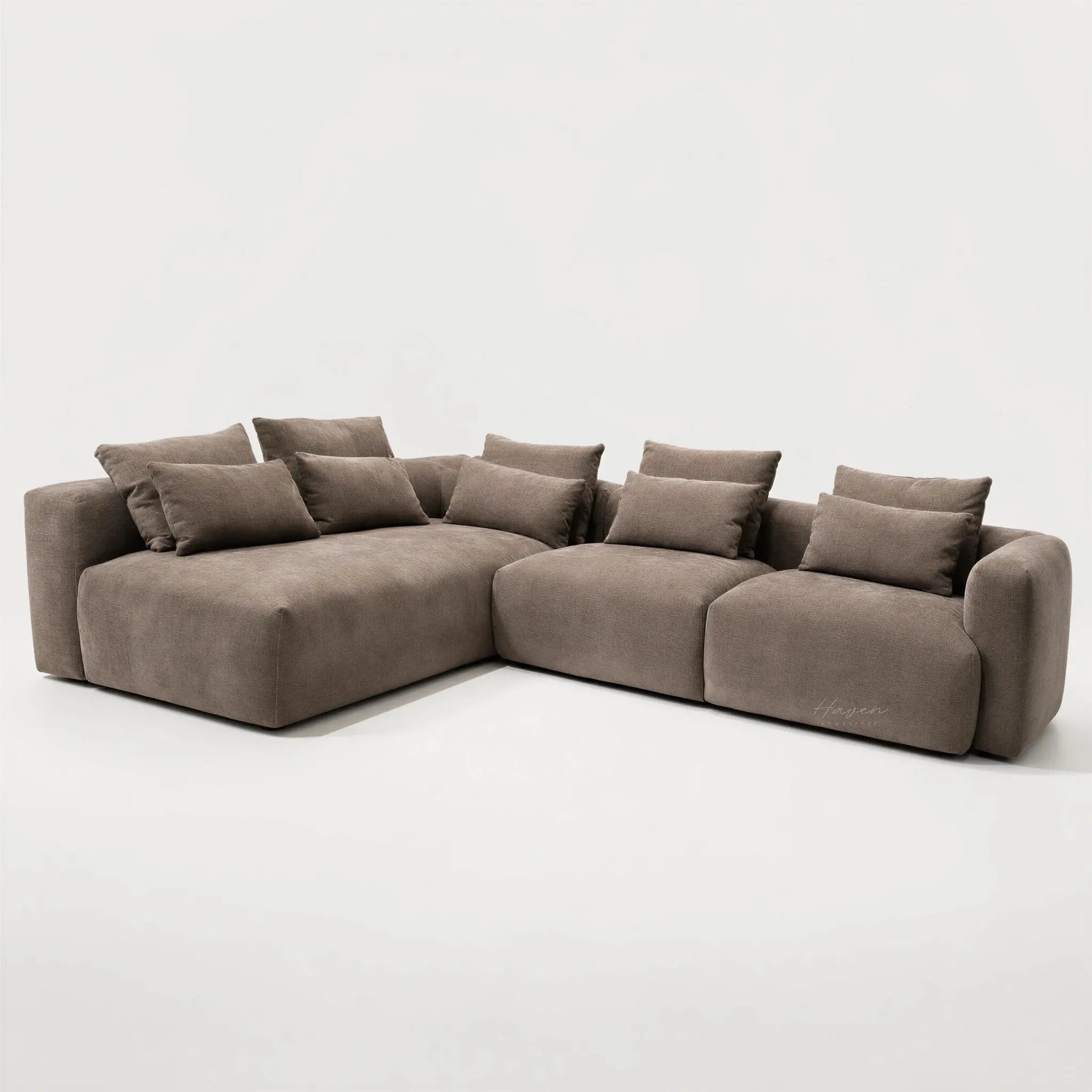 Haven Chaise Sofa in Brownie with plush cushions and sculpted curves for a relaxed, cozy lounge
