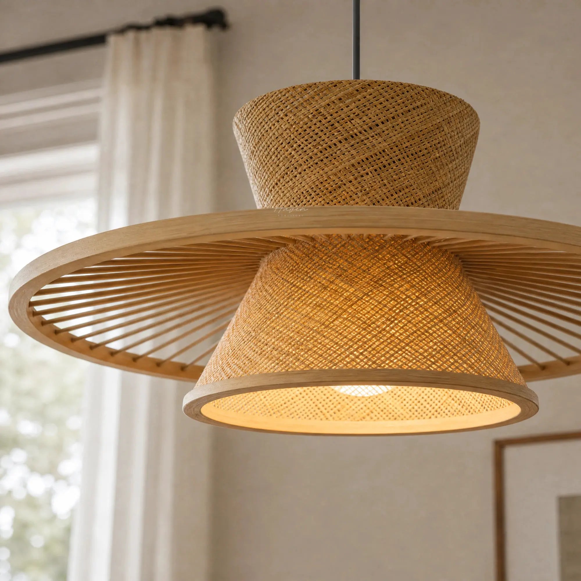 Alden Ceiling Light with woven bamboo shade and sculptural rings, diffusing warm Scandinavian glow.