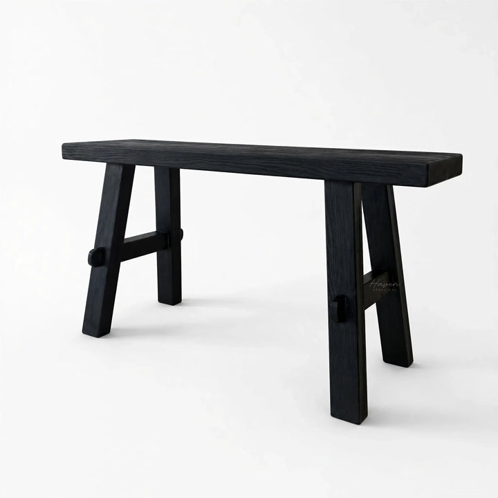 Reclaimed Wood Bench 80 - dark-stained elm with distinctive grain and markings, simple, sturdy daily-use seating.