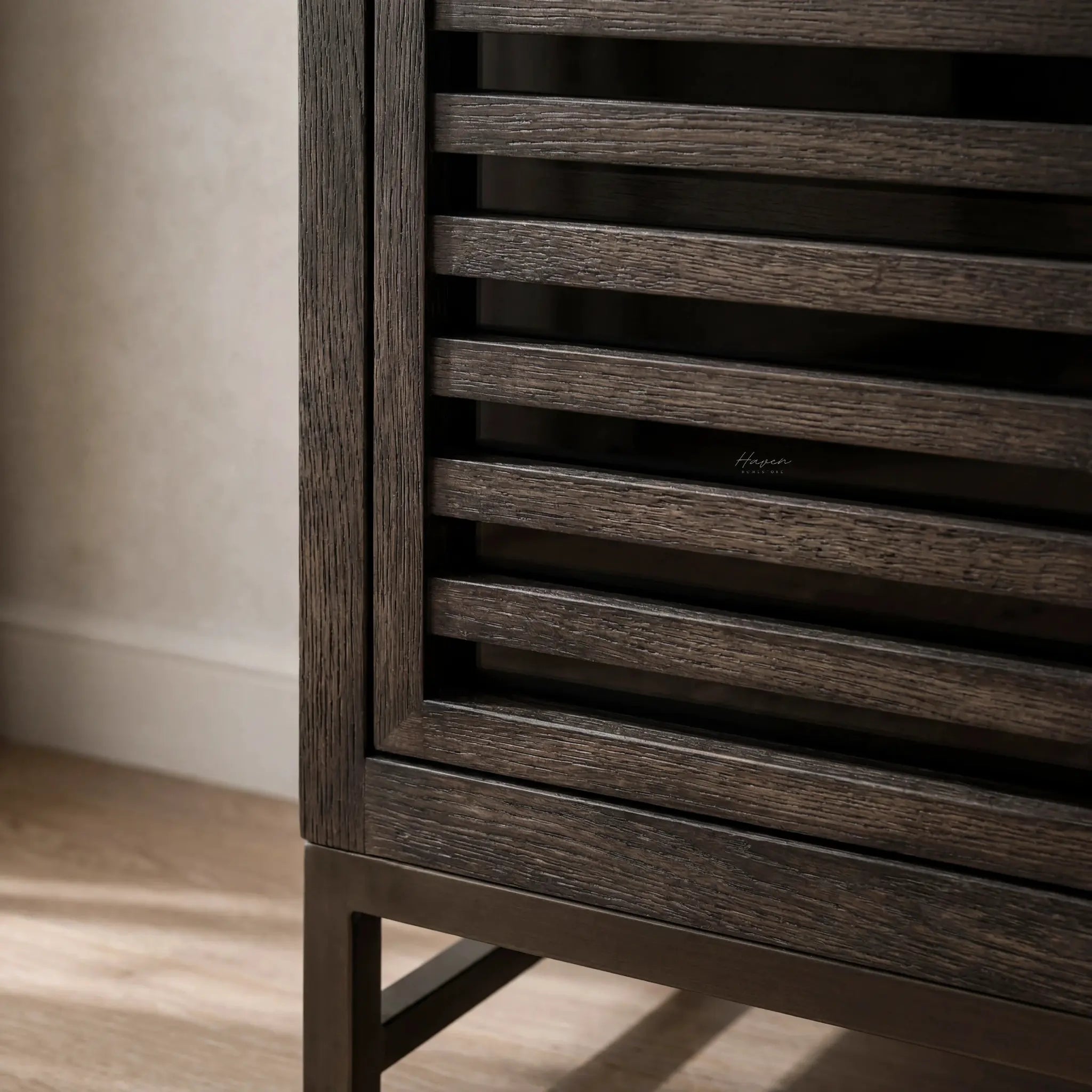 Kuro Slatted Sideboard: ebony-washed oak with architectural, slatted doors.