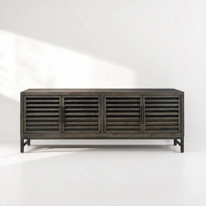 Kuro Slatted Sideboard in ebony-washed oak with slatted doors, architectural warmth and clean lines.