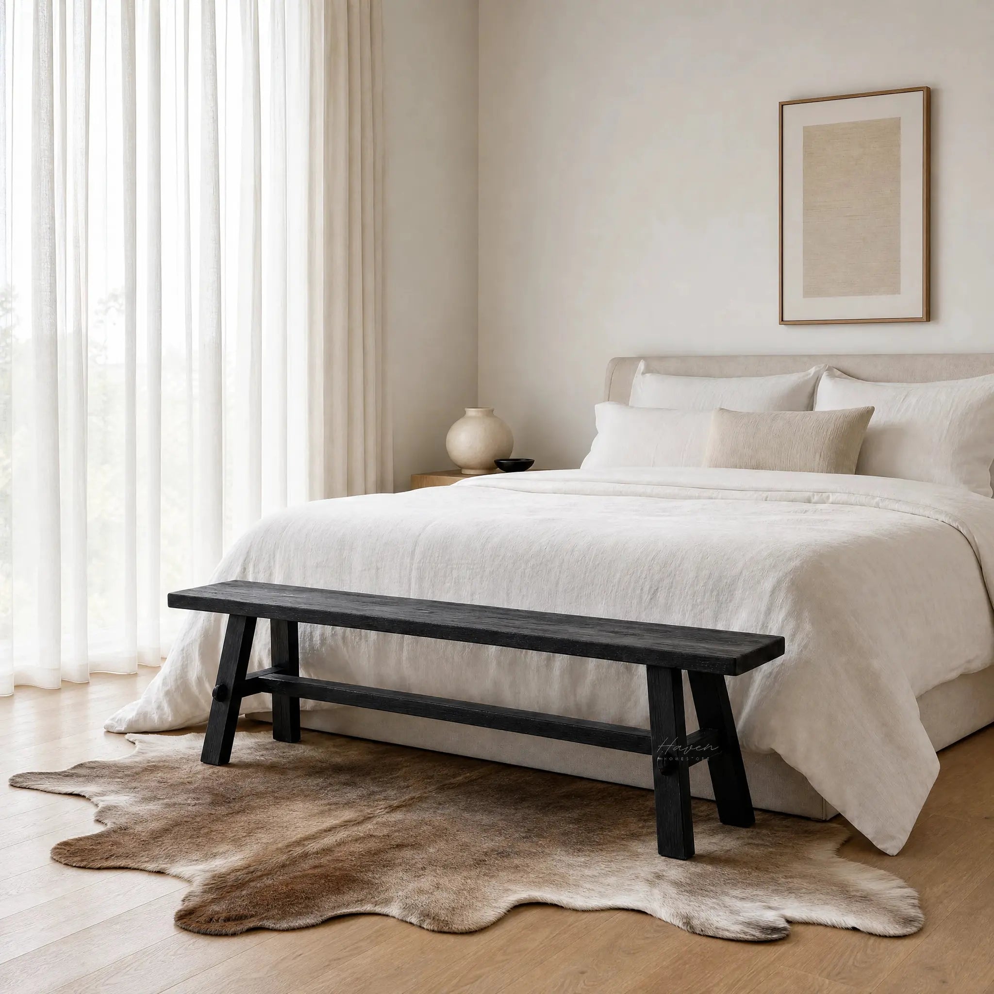 Reclaimed Wood Bench 160 at the foot of a cream bed in a serene neutral bedroom.