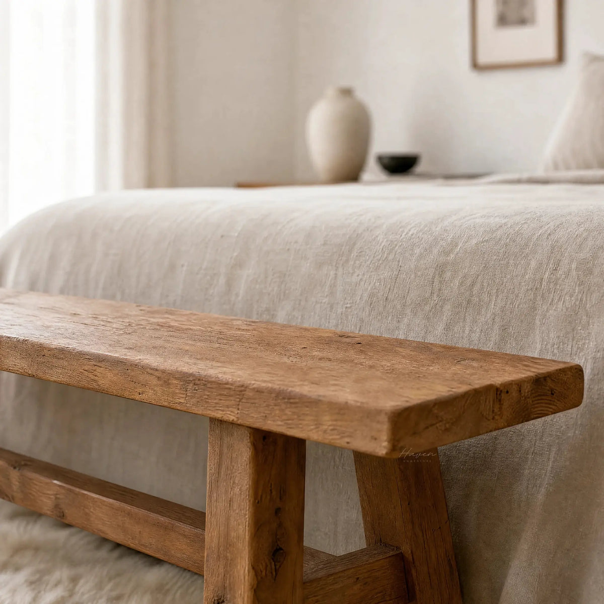 Reclaimed elm bench, 160 cm wide, showcasing grain and markings with warmth for everyday use.