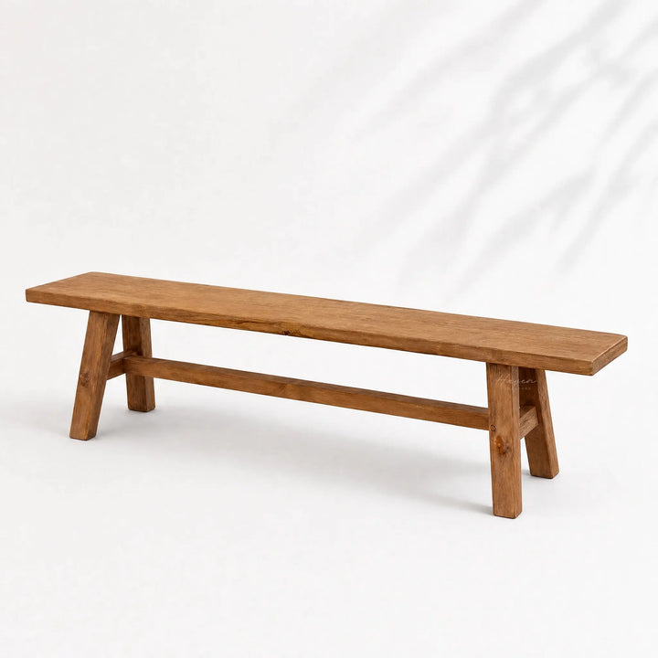 Reclaimed elm bench, 160cm wide, solid and grounded with unique grain and markings.