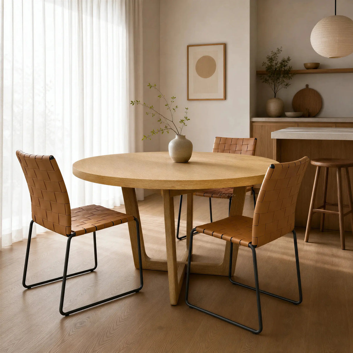 Ashburton Dining Table: warm oak round table with soft curves and clean architectural base in a calm NZ dining space.