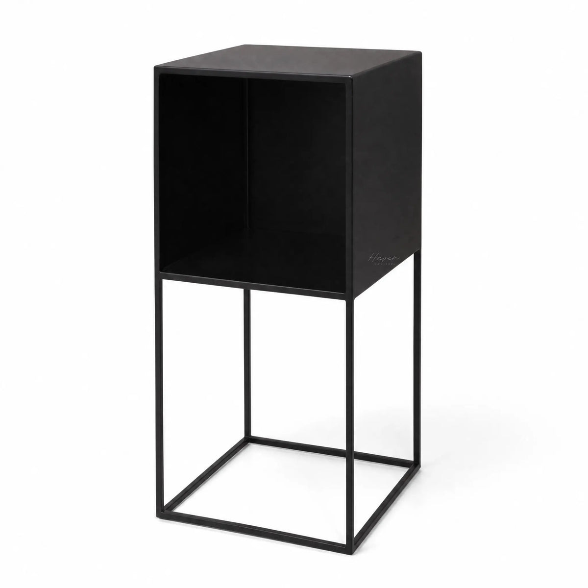STUDIO Bedside Cabinet Small in black with slim powder-coated metal frame and clean architectural lines.