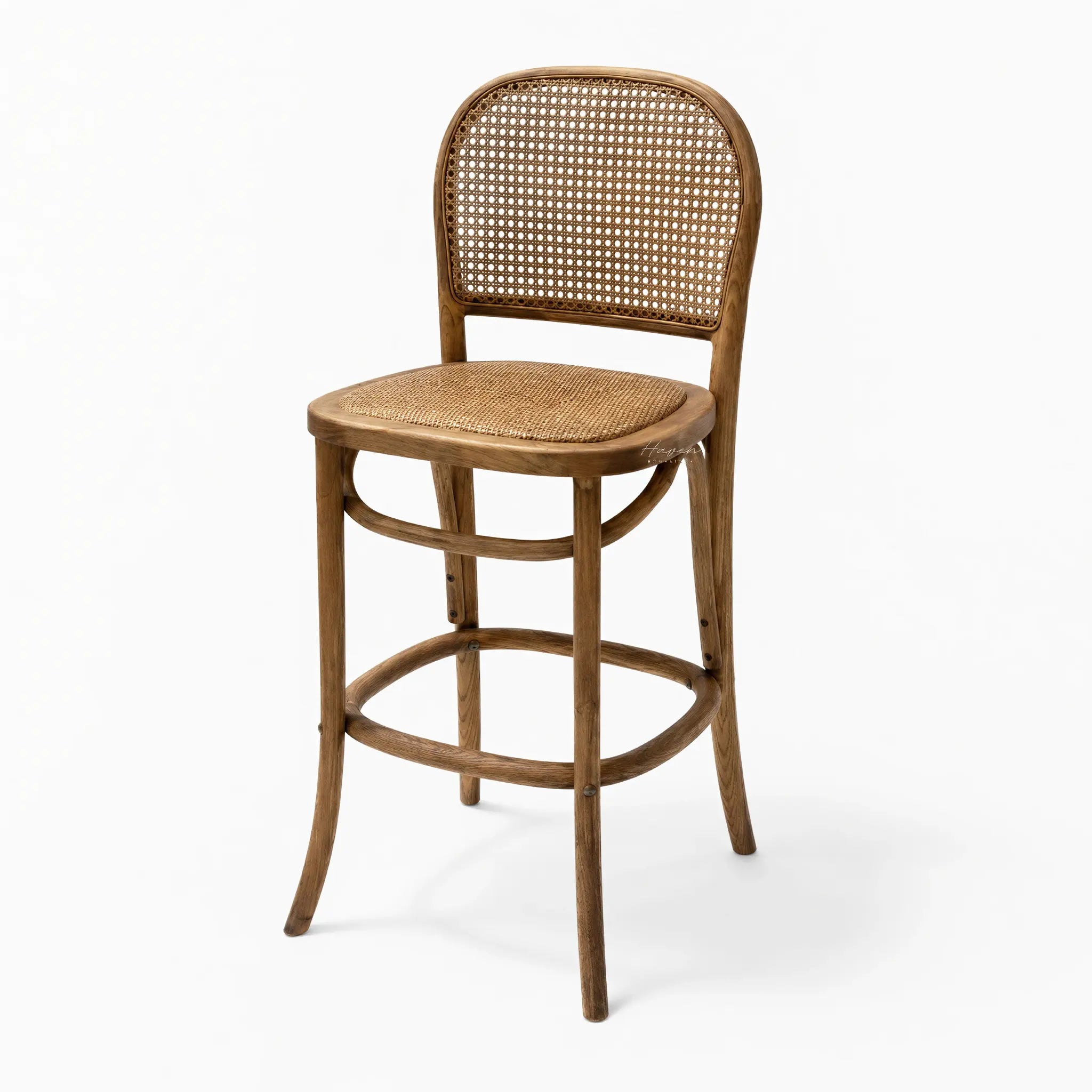 Margaux Stool: solid oak counter chair with woven natural rattan back and seat, 65cm height.