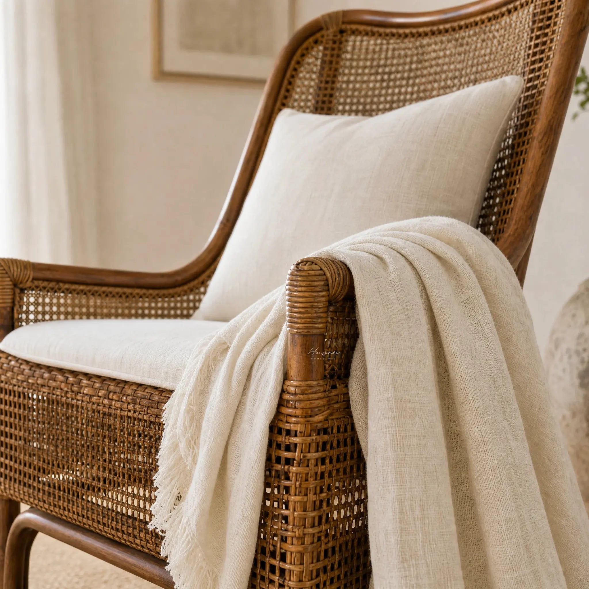Albany Chair handwoven in natural rattan with curved silhouette, beige cushions and draped throw.