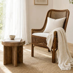 Albany Chair: handwoven natural rattan with curved silhouette adds warmth and texture to a sunlit living space.