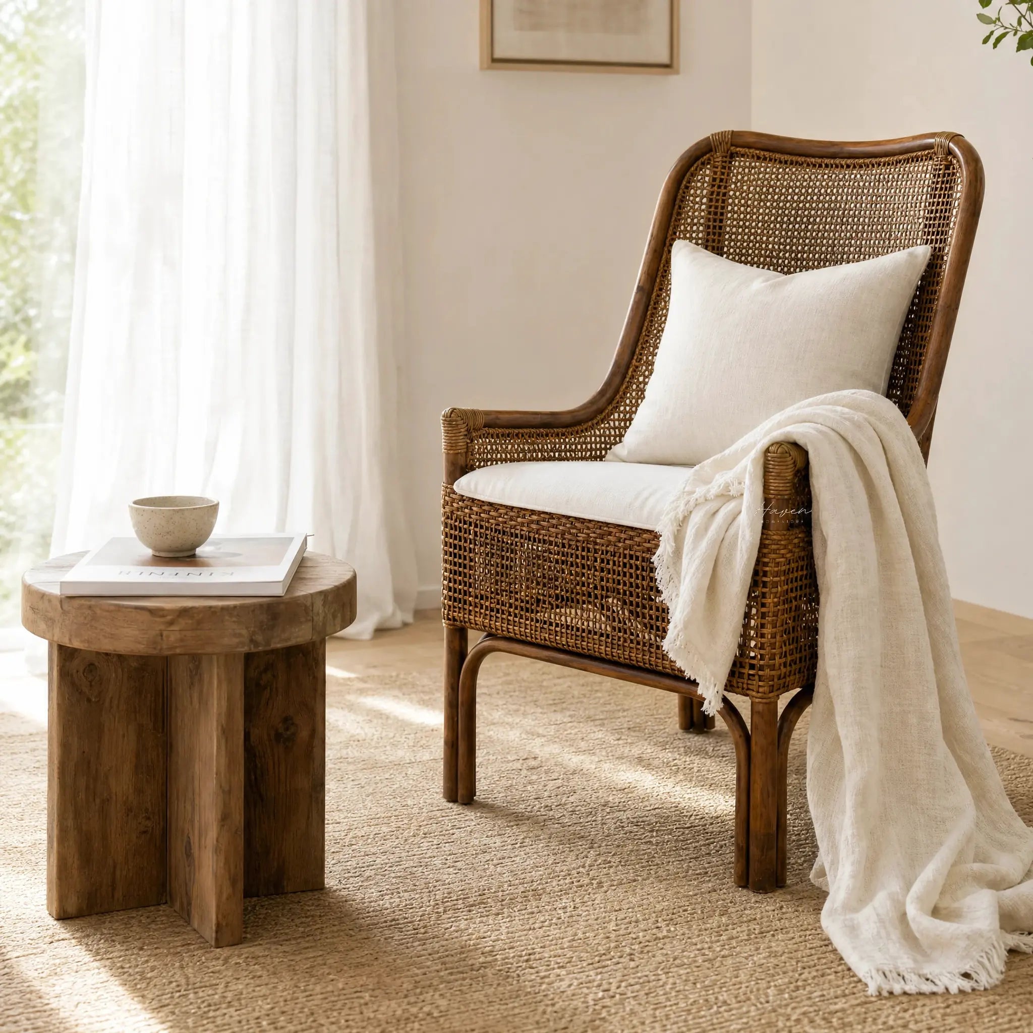 Albany Chair: handwoven natural rattan with curved silhouette adds warmth and texture to a sunlit living space.