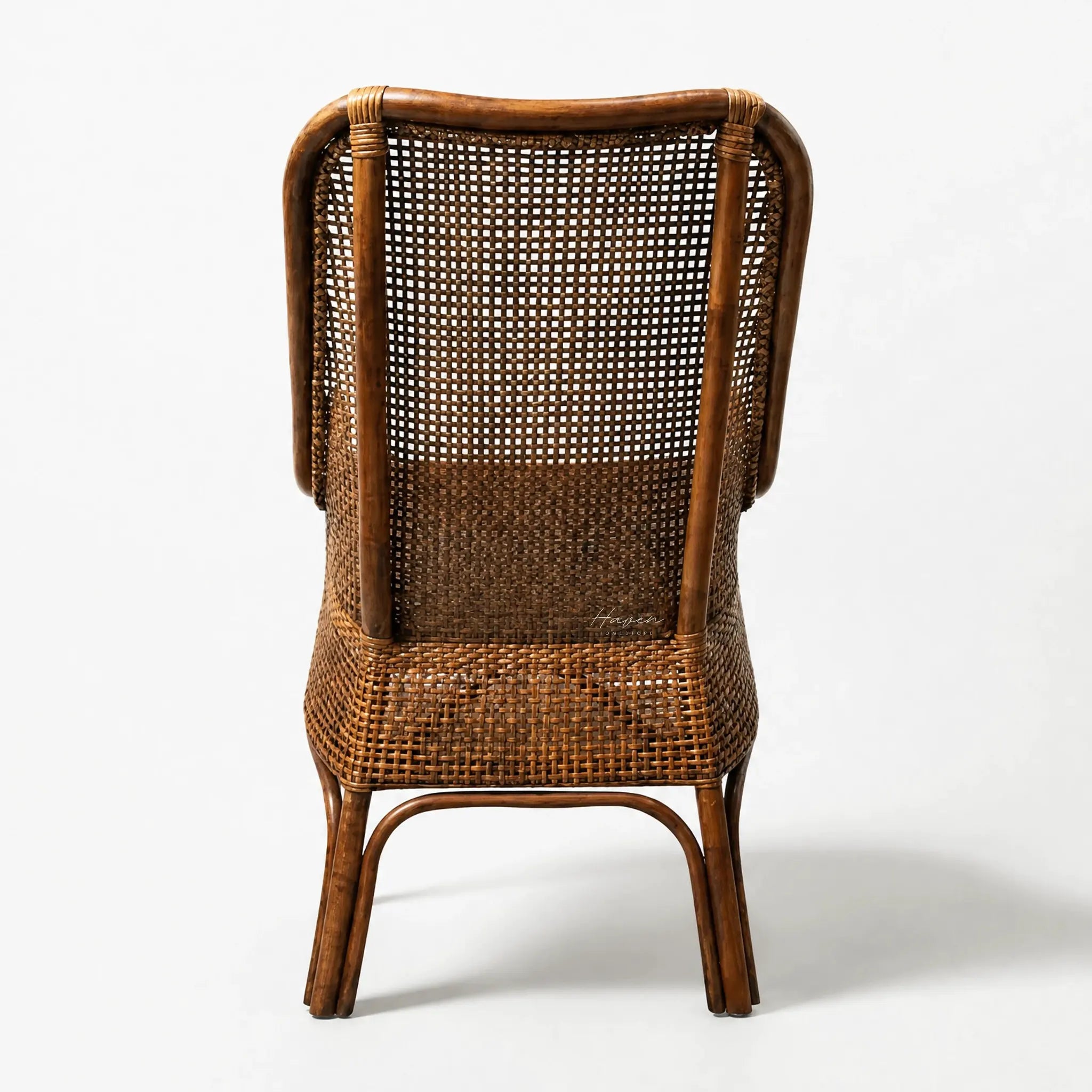 Albany Chair with handwoven natural rattan lattice back and curved wooden frame.