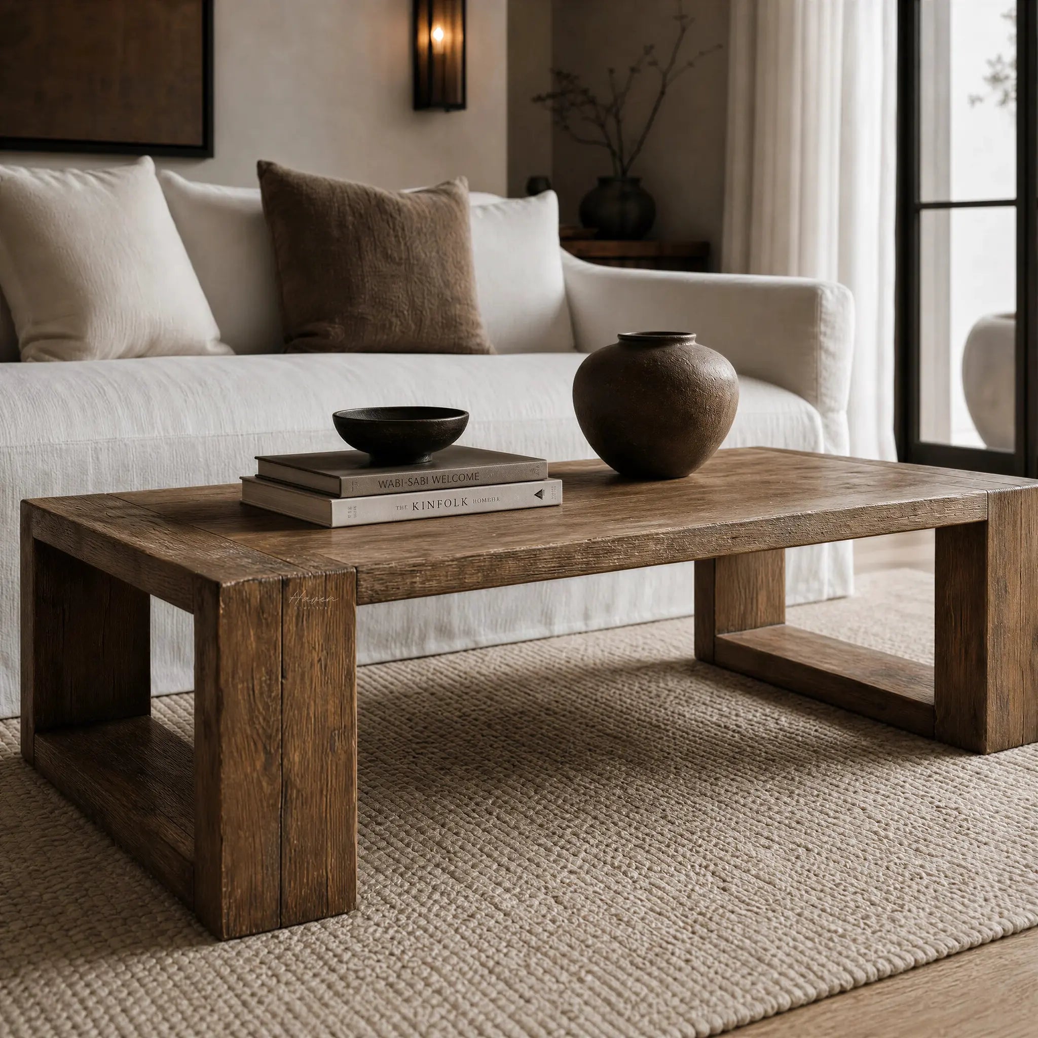 Casa Coffee Table crafted from reclaimed elm with an aged black finish, rich grain and timeworn charm in a living room.