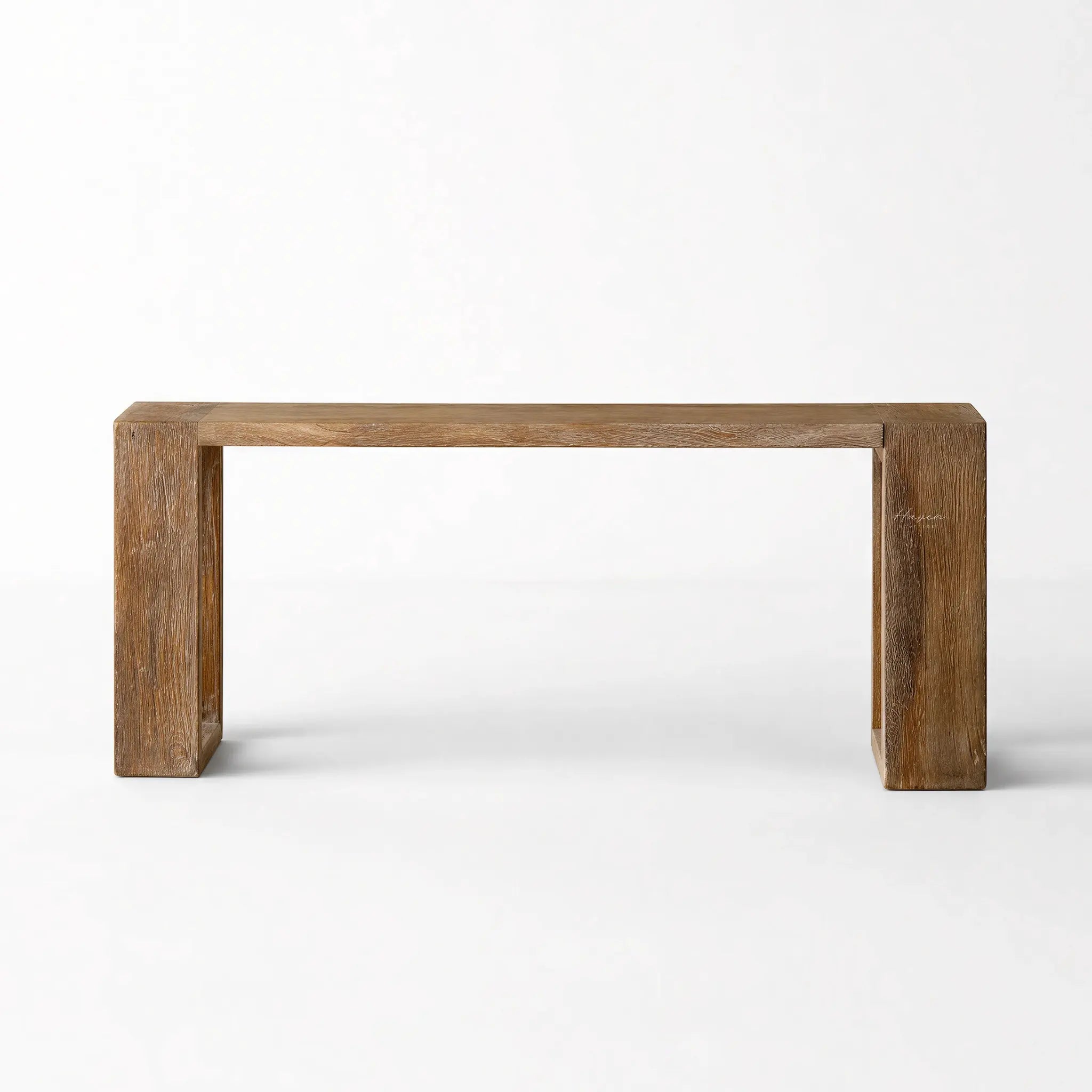 Casa Console in reclaimed elm with an aged black wash, showcasing rustic texture.