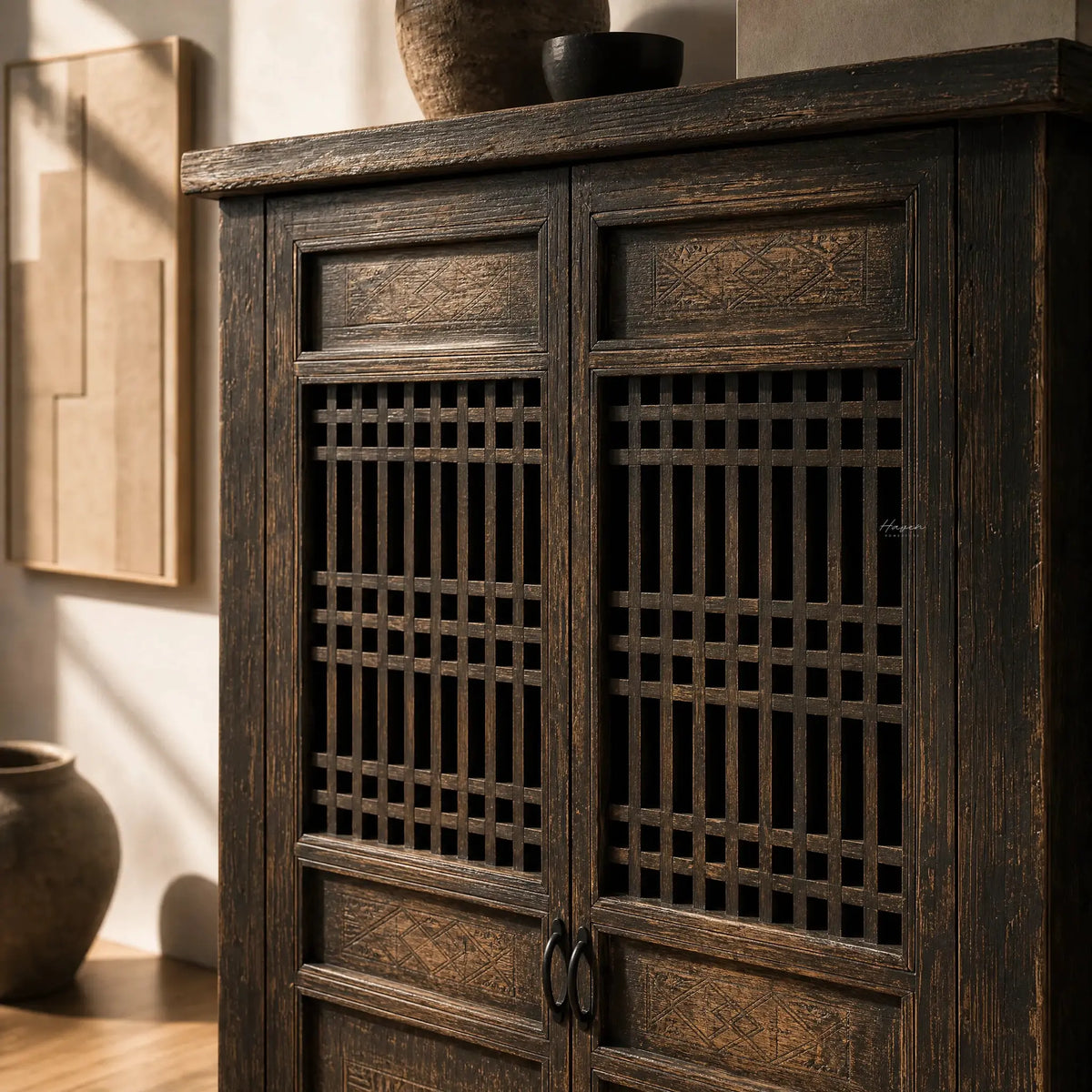 Nomad 2 Door Cabinet in weathered reclaimed pine with carved detailing and panelled two-door design.