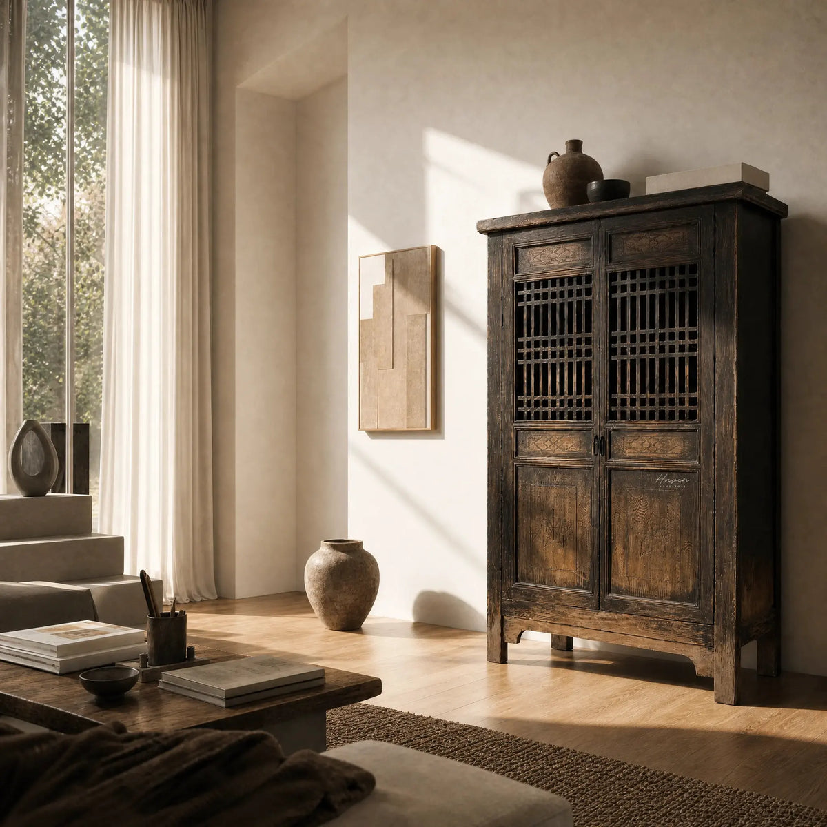 Nomad 2 Door Cabinet in weathered reclaimed pine with carved detailing and lattice two-door panels.