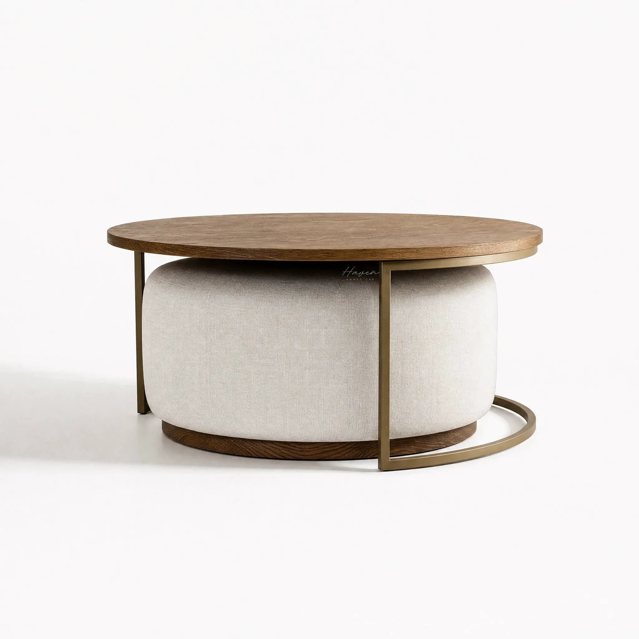Eleanor Coffee Table + Ottoman: round ashwood top, cushioned gray ottoman, and iron frame.