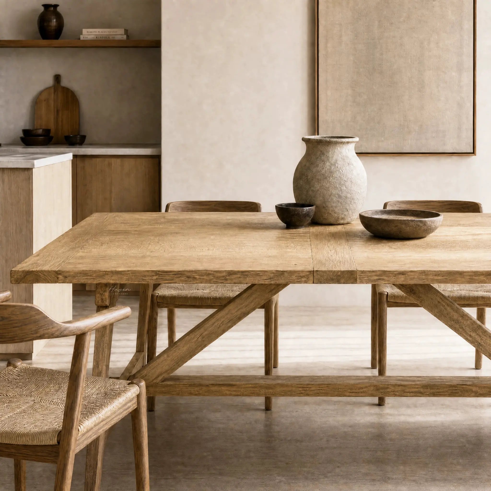 Briar Elm Dining Table in warm reclaimed elm with natural grain, rustic farmhouse dining room setting.