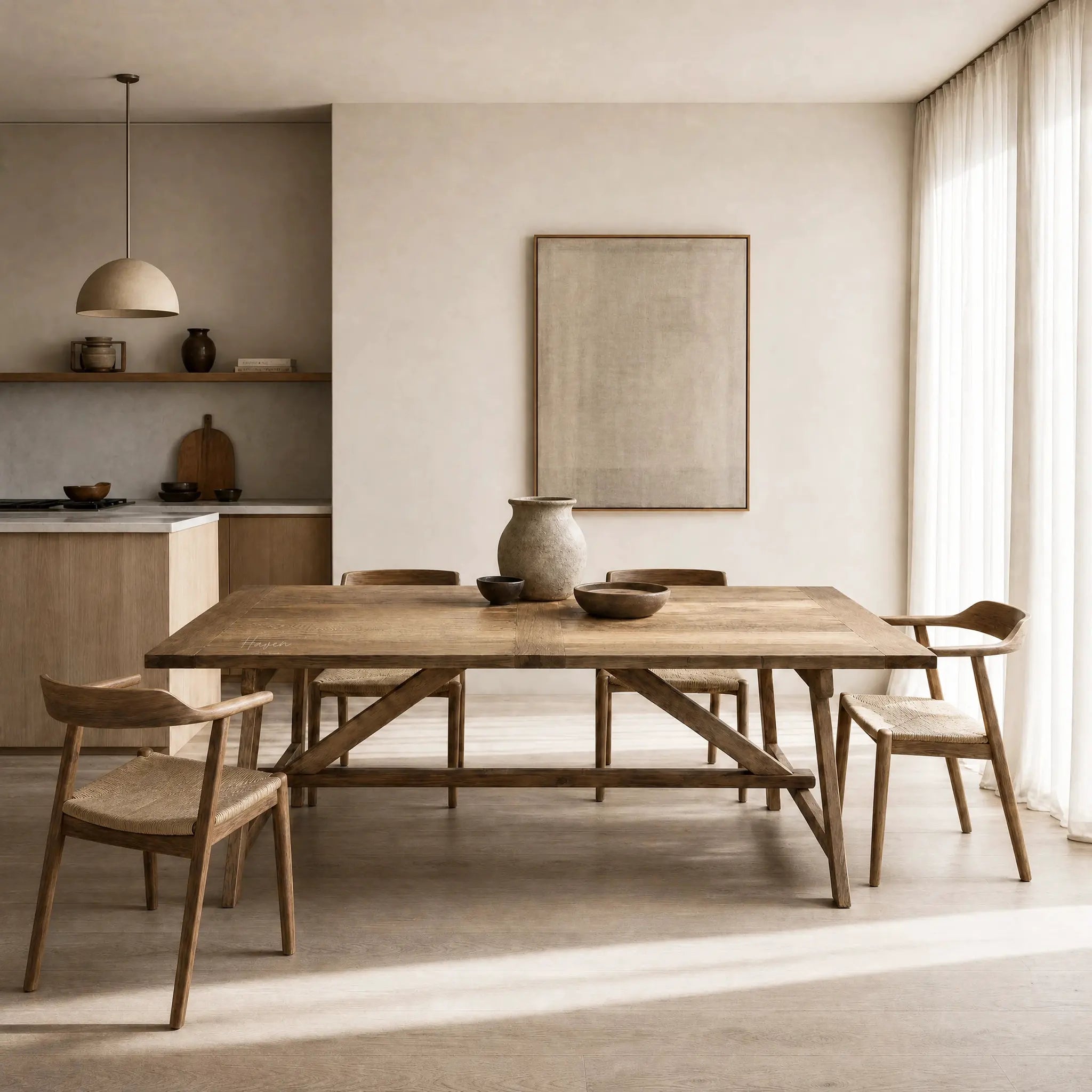 Briar Elm Dining Table in a warm rustic dining scene with reclaimed elm grain and simple chairs.