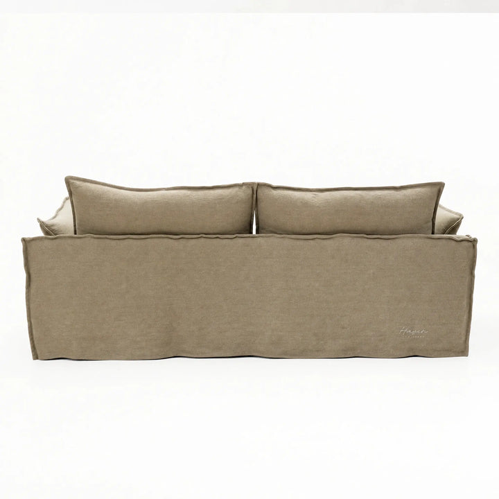 Sorrento 3-Seat Linen Sofa in taupe linen with sink-in cushions and feather fill.