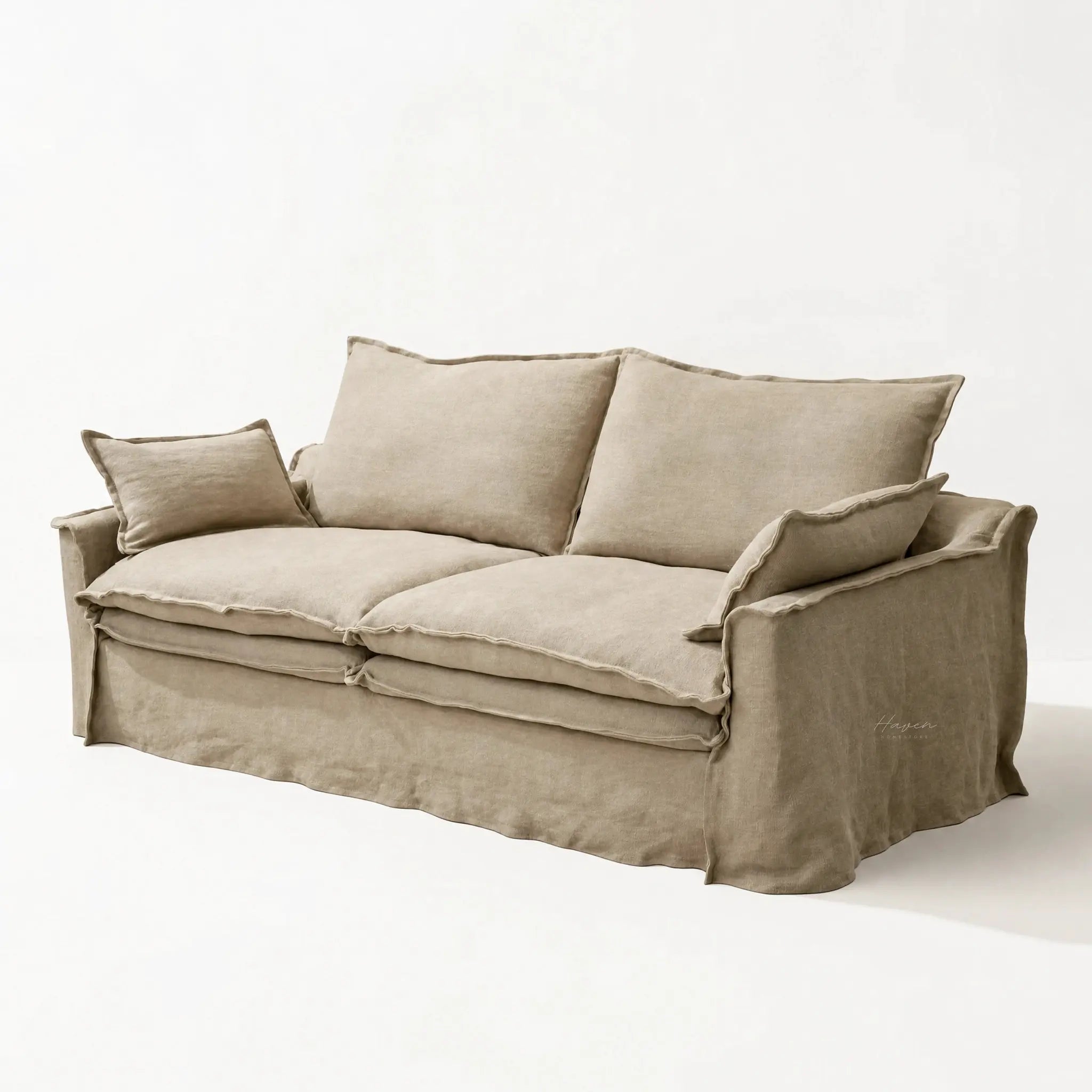 Sorrento 3 Seat Linen Sofa in warm beige linen with feather-filled cushions and relaxed drape.