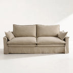 Sorrento 3 Seat Linen Sofa in warm beige linen with feather-filled cushions and a relaxed drape.