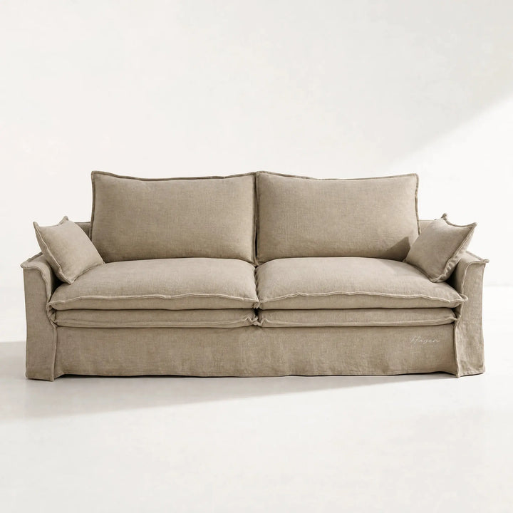 Sorrento 3 Seat Linen Sofa in warm beige linen with feather-filled cushions and a relaxed drape.