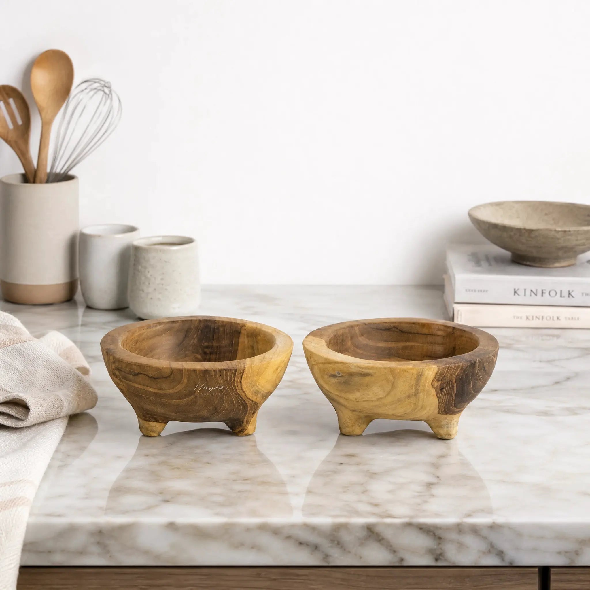 Teak Bowl Set/2: two hand-carved bowls with rich grain, warm earthy tones, and rustic char