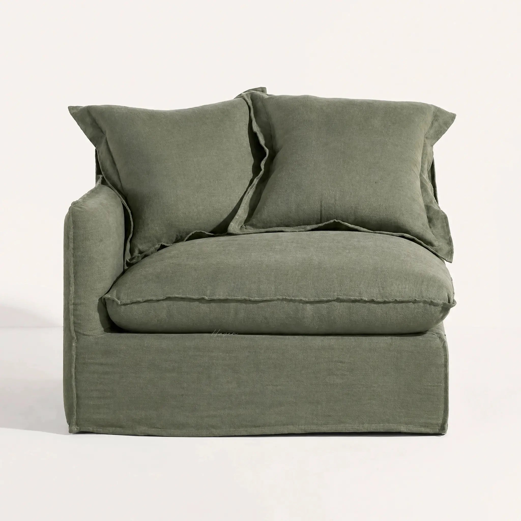 Lotus Modular Sofa Left in Belgian linen, olive-green upholstery with plush cushions