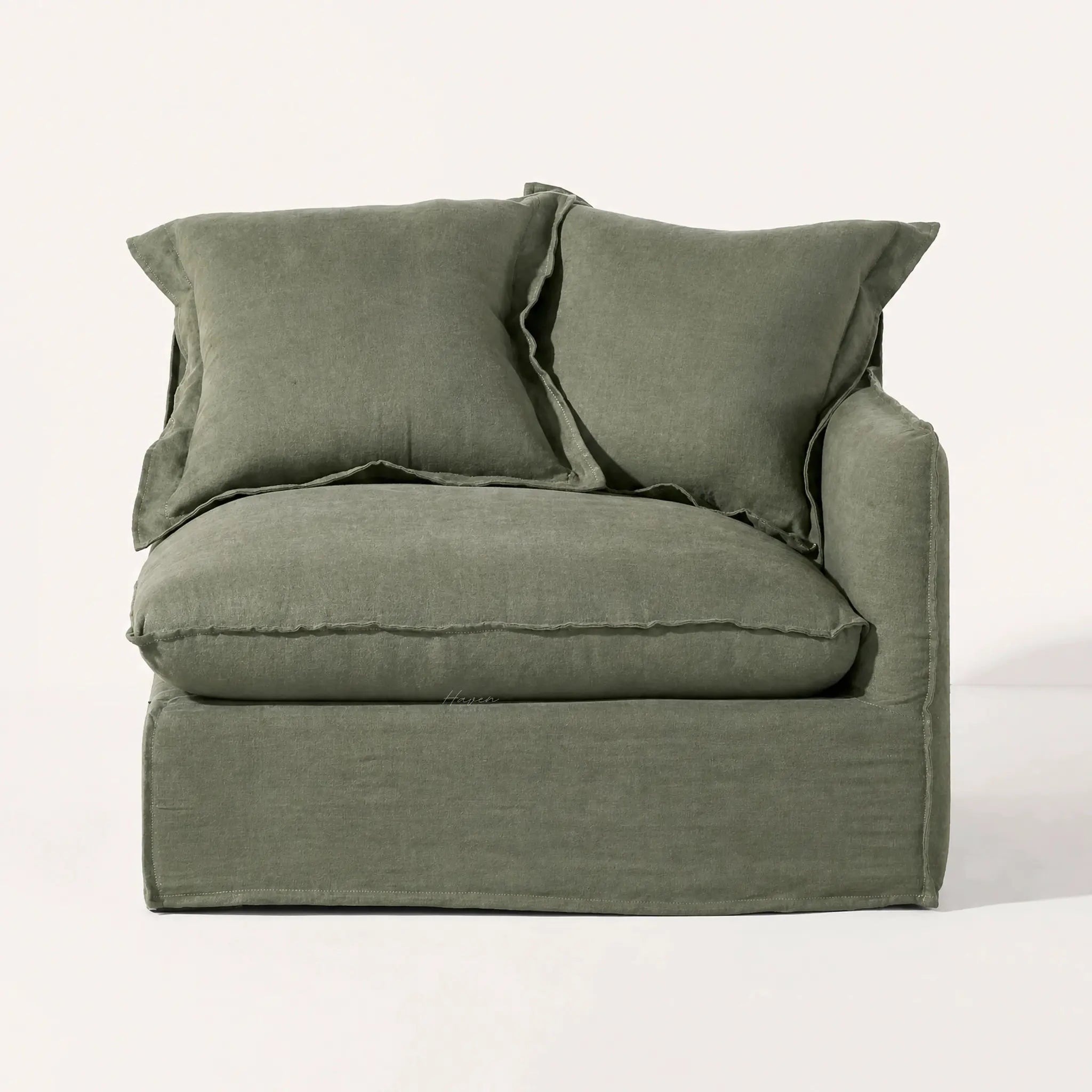 Lotus Modular Sofa Right in Belgian linen olive-green with soft cushions.