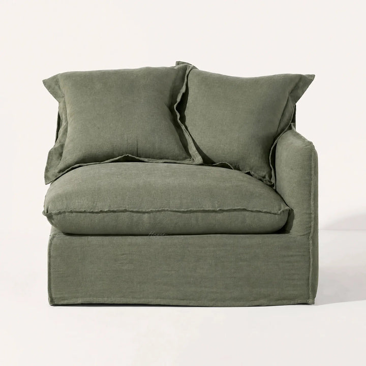 Lotus Modular Sofa Right in Belgian linen olive-green with soft cushions.