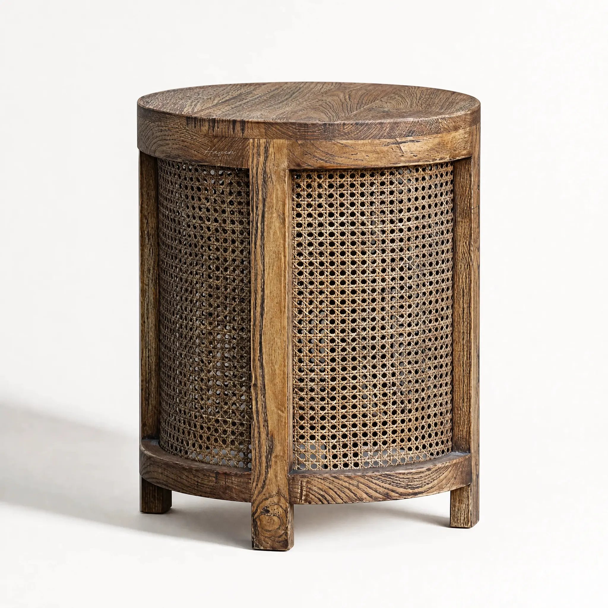 Cala Side Table: elm wood with natural rattan panels, rounded top, warm charm beside sofa or bed.