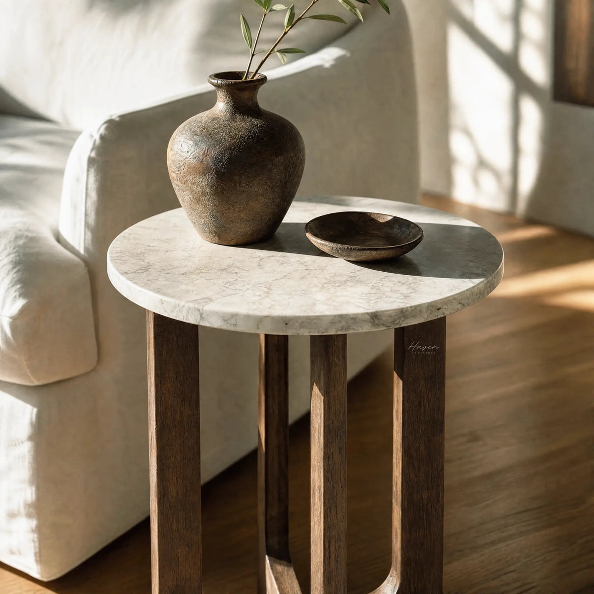 Soren Marble Side Table with round marble top and walnut-stained rubberwood base, shown with a ceramic vase.