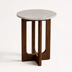 Soren Marble Side Table with round marble top and walnut-stained rubberwood base.