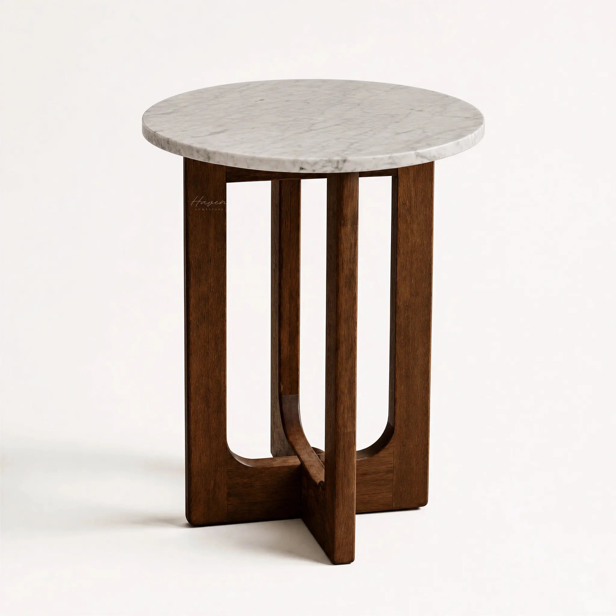 Soren Marble Side Table with round marble top and walnut-stained rubberwood base.