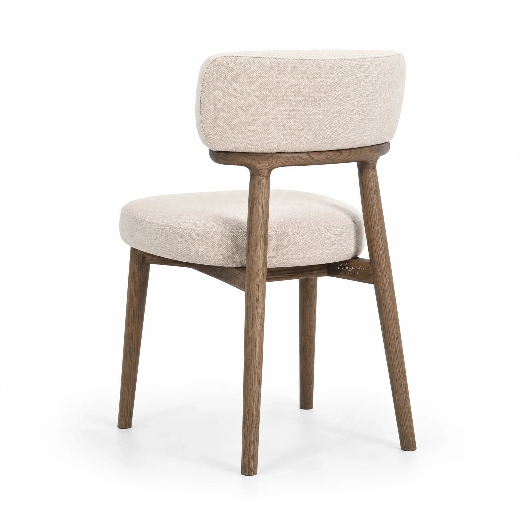 Maison Dining Chair with solid ash frame and beige polyester upholstered seat and backrest.