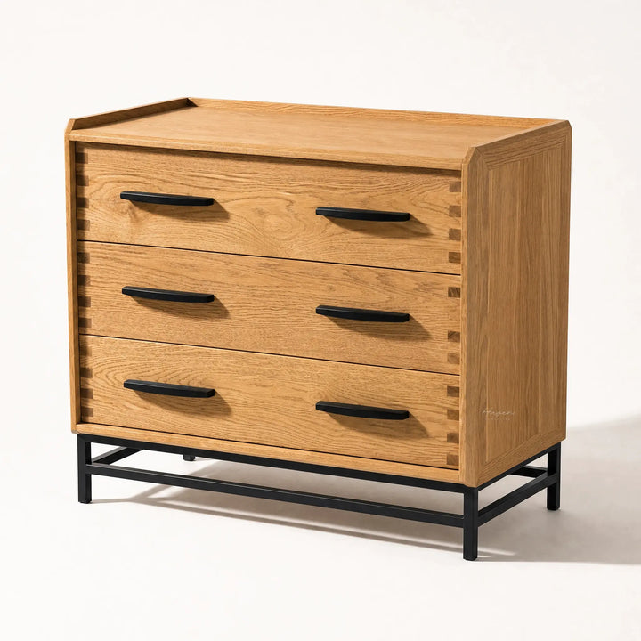 Cardrona 3 Drawer Dresser in oak and veneer with slim black handles and a metal base.