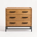 Cardrona 3-Drawer Dresser in oak veneer with slim black handles and a metal base.