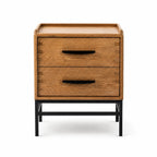Carlton 2-Drawer Bedside Table in oak with black handles on a slim metal base.