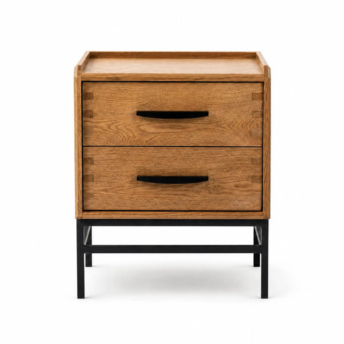 Carlton 2-Drawer Bedside Table in oak with black handles on a slim metal base.