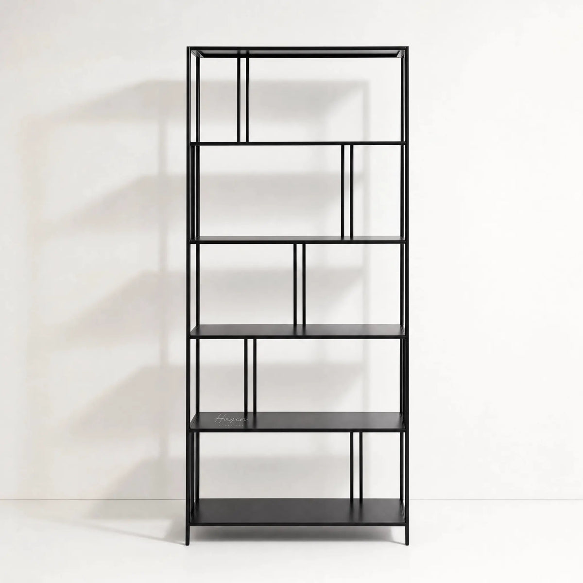 Lorenzo Metal Bookshelf in black powder-coated steel with a slim, structured open frame for books and decor.