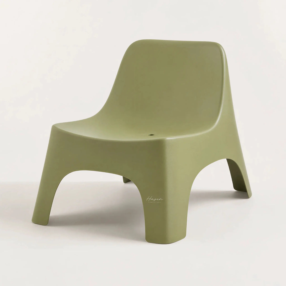 Forma Outdoor Chair in olive green polypropylene, close-up of sculpted backrest and seat.