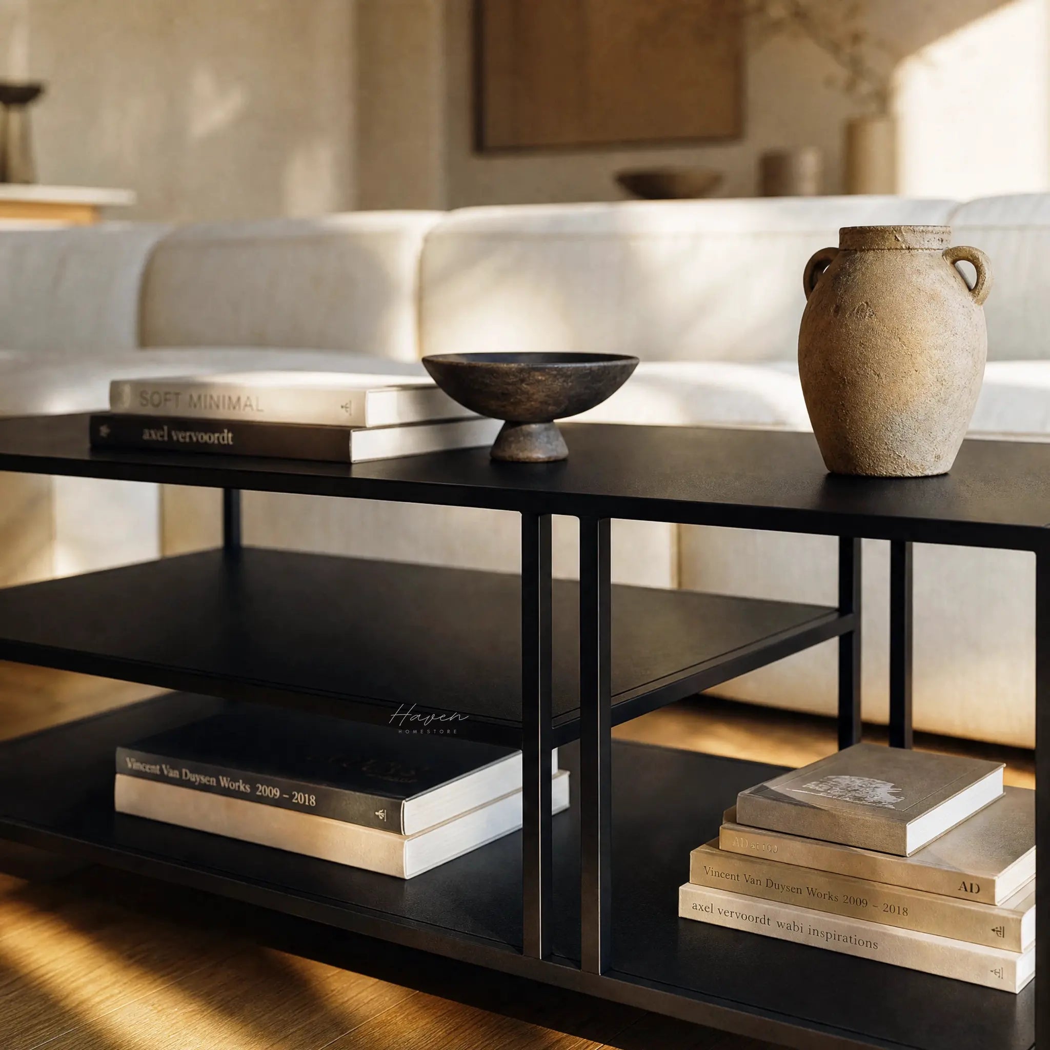 Lorenzo Metal Coffee Table in black powder-coated steel with slim open shelving for a modern living room.