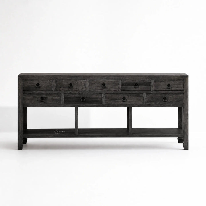 Blackwood Sideboard in sandblasted ebony oak with rich textured grain, bold moody presence and substantial storage.