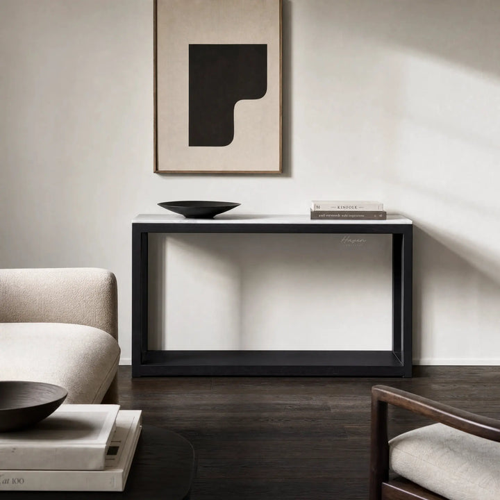Sable Marble Console with black reclaimed pine base and marble top in a minimalist living room.